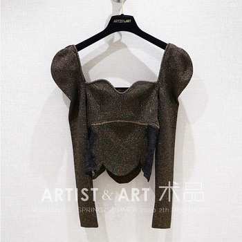Svoryxiu Designer Fashion Autumn Square Collar Knitting Sweater Women's Gold Line Knitting Lace Puff Sleeve Pullover Jumper